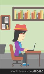An asian young business woman working on her laptop in office. Vector flat design illustration. Vertical layout.. Business woman working on her laptop.