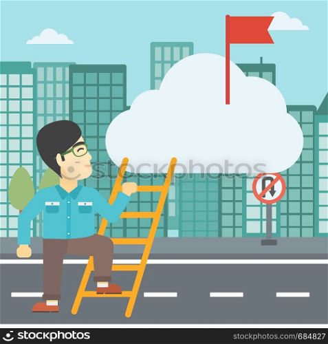 An asian young businessman climbing up the ladder to get the red flag on the top of the cloud on a city background. Vector flat design illustration. Square layout.. Cheerful leader business man vector illustration.
