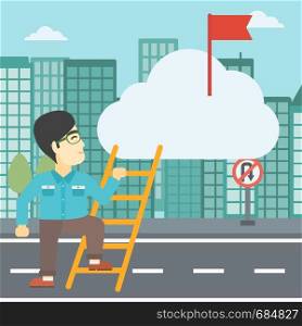 An asian young businessman climbing up the ladder to get the red flag on the top of the cloud on a city background. Vector flat design illustration. Square layout.. Cheerful leader business man vector illustration.