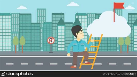 An asian young businessman climbing up the ladder to get the red flag on the top of the cloud on a city background. Vector flat design illustration. Horizontal layout.. Cheerful leader business man vector illustration.