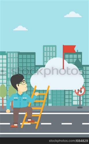 An asian young businessman climbing up the ladder to get the red flag on the top of the cloud on a city background. Vector flat design illustration. Vertical layout.. Cheerful leader business man vector illustration.