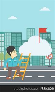An asian young businessman climbing up the ladder to get the red flag on the top of the cloud on a city background. Vector flat design illustration. Vertical layout.. Cheerful leader business man vector illustration.
