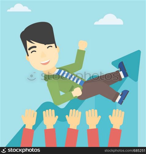 An asian young businessman get thrown into the air by coworkers during celebration. Successful business concept. Vector flat design illustration. Square layout.. Successful businessman during celebration.