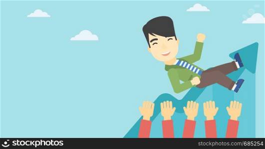 An asian young businessman get thrown into the air by coworkers during celebration. Successful business concept. Vector flat design illustration. Horizontal layout.. Successful businessman during celebration.