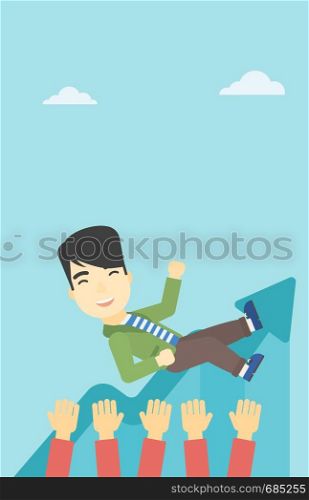 An asian young businessman get thrown into the air by coworkers during celebration. Successful business concept. Vector flat design illustration. Vertical layout.. Successful businessman during celebration.
