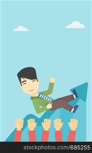 An asian young businessman get thrown into the air by coworkers during celebration. Successful business concept. Vector flat design illustration. Vertical layout.. Successful businessman during celebration.