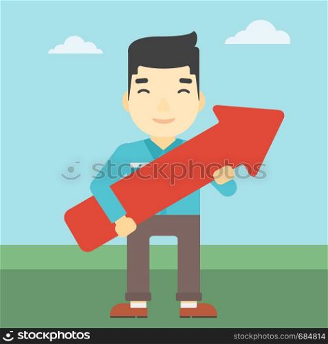 An asian young businessman holding a big arrow in hands. Successful business concept. Vector flat design illustration. Square layout.. Businessman with arrow up vector illustration.