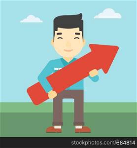 An asian young businessman holding a big arrow in hands. Successful business concept. Vector flat design illustration. Square layout.. Businessman with arrow up vector illustration.