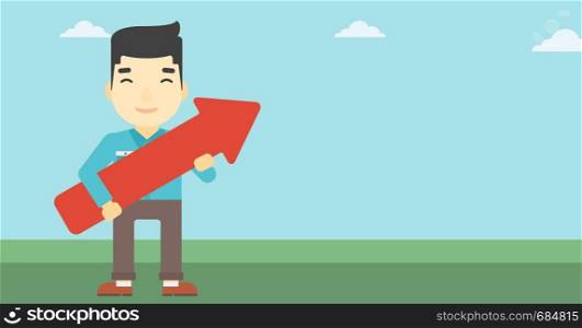 An asian young businessman holding a big arrow in hands. Successful business concept. Vector flat design illustration. Horizontal layout.. Businessman with arrow up vector illustration.