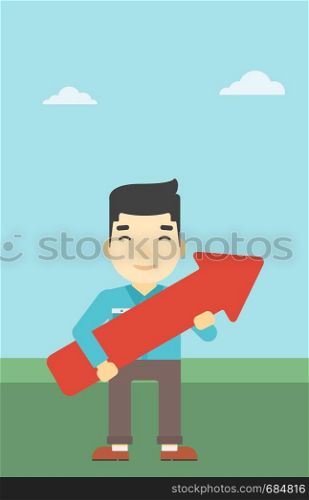 An asian young businessman holding a big arrow in hands. Successful business concept. Vector flat design illustration. Vertical layout.. Businessman with arrow up vector illustration.
