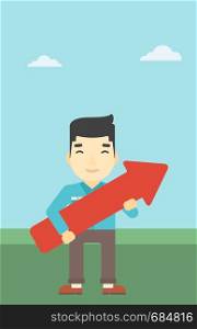 An asian young businessman holding a big arrow in hands. Successful business concept. Vector flat design illustration. Vertical layout.. Businessman with arrow up vector illustration.