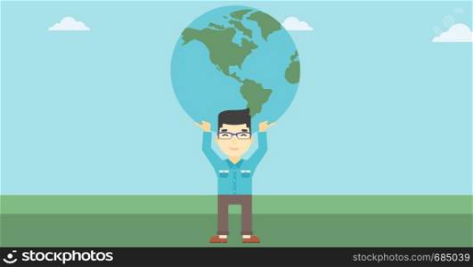 An asian young businessman holding a big Earth globe over his head. Concept of global business. Vector flat design illustration. Horizontal layout.. Businessman holding Earth globe.