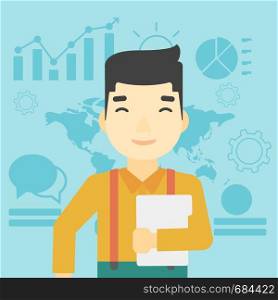 An asian young businessman holding a file in hand while standing with growing chart and a map on a background. Vector flat design illustration. Square layout.. Happy successful businessman vector illustration.