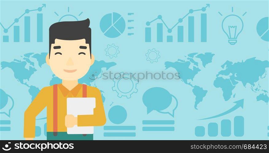 An asian young businessman holding a file in hand while standing with growing chart and a map on a background. Vector flat design illustration. Horizontal layout.. Happy successful businessman vector illustration.