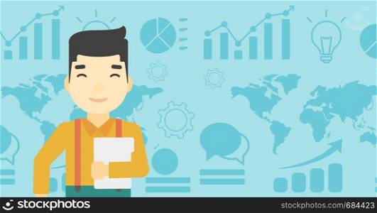 An asian young businessman holding a file in hand while standing with growing chart and a map on a background. Vector flat design illustration. Horizontal layout.. Happy successful businessman vector illustration.