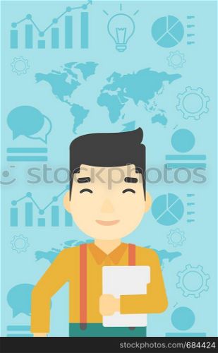 An asian young businessman holding a file in hand while standing with growing chart and a map on a background. Vector flat design illustration. Vertical layout.. Happy successful businessman vector illustration.