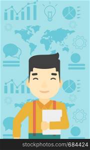 An asian young businessman holding a file in hand while standing with growing chart and a map on a background. Vector flat design illustration. Vertical layout.. Happy successful businessman vector illustration.