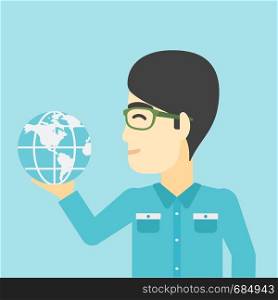 An asian young businessman holding Earth globe in hand. Concept of global business. Vector flat design illustration. Square layout.. Businessman holding Earth globe.