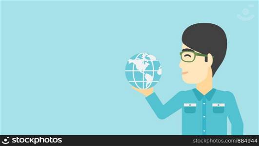 An asian young businessman holding Earth globe in hand. Concept of global business. Vector flat design illustration. Horizontal layout.. Businessman holding Earth globe.