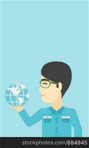 An asian young businessman holding Earth globe in hand. Concept of global business. Vector flat design illustration. Vertical layout.. Businessman holding Earth globe.