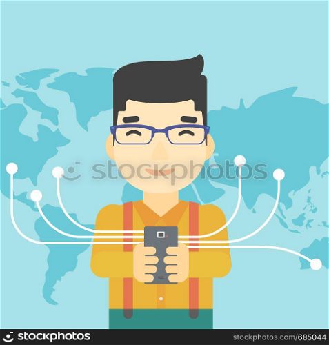 An asian young businessman holding smartphone connected with the whole world. Concept of global business. Vector flat design illustration. Square layout.. Businessman using smartphone.