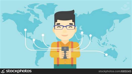 An asian young businessman holding smartphone connected with the whole world. Concept of global business. Vector flat design illustration. Horizontal layout.. Businessman using smartphone.