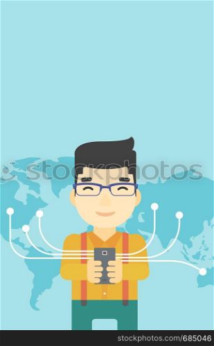 An asian young businessman holding smartphone connected with the whole world. Concept of global business. Vector flat design illustration. Vertical layout.. Businessman using smartphone.