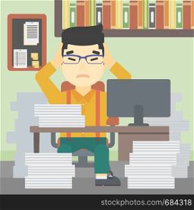 An asian young businessman in despair sitting at workplace with heaps of papers and clutching his head. Vector flat design illustration. Square layout.. Business man in despair sitting in office.