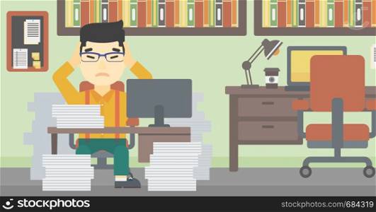 An asian young businessman in despair sitting at workplace with heaps of papers and clutching his head. Vector flat design illustration. Horizontal layout.. Business man in despair sitting in office.