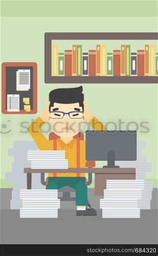 An asian young businessman in despair sitting at workplace with heaps of papers and clutching his head. Vector flat design illustration. Vertical layout.. Business man in despair sitting in office.