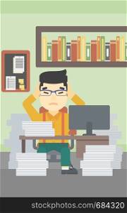 An asian young businessman in despair sitting at workplace with heaps of papers and clutching his head. Vector flat design illustration. Vertical layout.. Business man in despair sitting in office.