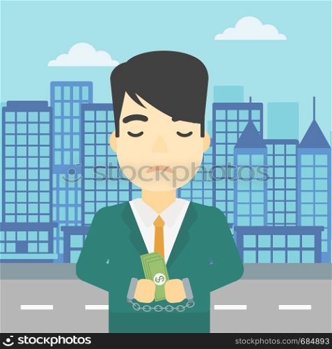 An asian young businessman in handcuffs with money in hands on the background of modern city. Businessman handcuffed for crime. Vector flat design illustration. Square layout.. Businessman handcuffed for crime.