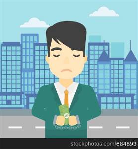 An asian young businessman in handcuffs with money in hands on the background of modern city. Businessman handcuffed for crime. Vector flat design illustration. Square layout.. Businessman handcuffed for crime.