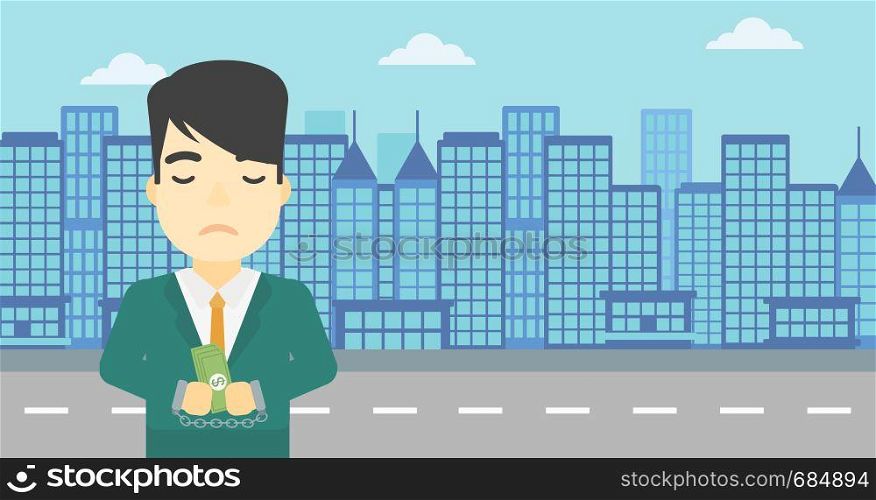 An asian young businessman in handcuffs with money in hands on the background of modern city. Businessman handcuffed for crime. Vector flat design illustration. Horizontal layout.. Businessman handcuffed for crime.