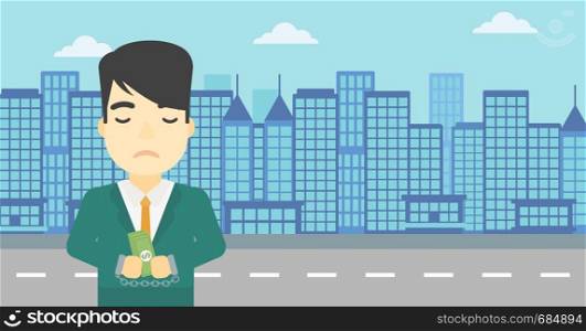 An asian young businessman in handcuffs with money in hands on the background of modern city. Businessman handcuffed for crime. Vector flat design illustration. Horizontal layout.. Businessman handcuffed for crime.