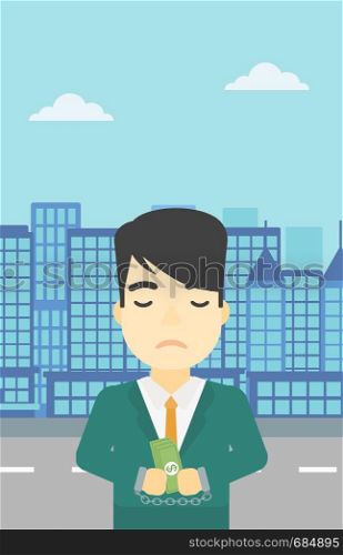 An asian young businessman in handcuffs with money in hands on the background of modern city. Businessman handcuffed for crime. Vector flat design illustration. Vertical layout.. Businessman handcuffed for crime.