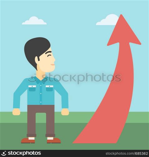 An asian young businessman looking at a red arrow going up. Successful business concept. Vector flat design illustration. Square layout.. Businessman looking at arrow going up.