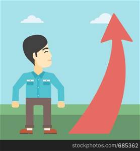 An asian young businessman looking at a red arrow going up. Successful business concept. Vector flat design illustration. Square layout.. Businessman looking at arrow going up.