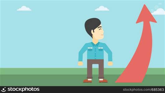 An asian young businessman looking at a red arrow going up. Successful business concept. Vector flat design illustration. Horizontal layout.. Businessman looking at arrow going up.