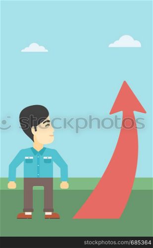 An asian young businessman looking at a red arrow going up. Successful business concept. Vector flat design illustration. Vertical layout.. Businessman looking at arrow going up.