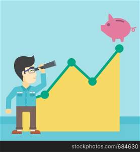 An asian young businessman looking through spyglass at a piggy bank standing at the top of growth graph. Vector flat design illustration. Square layout.. Businessman looking through spyglass at piggy bank