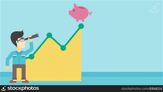 An asian young businessman looking through spyglass at a piggy bank standing at the top of growth graph. Vector flat design illustration. Horizontal layout.. Businessman looking through spyglass at piggy bank