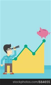 An asian young businessman looking through spyglass at a piggy bank standing at the top of growth graph. Vector flat design illustration. Vertical layout.. Businessman looking through spyglass at piggy bank