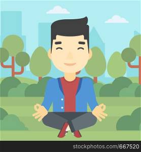 An asian young businessman meditating in yoga lotus position. Businessman relaxing in the park in the lotus position. Vector flat design illustration. Square layout.. Businessman meditating in lotus position.
