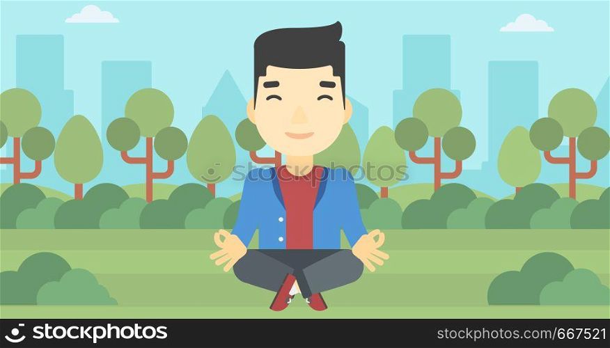 An asian young businessman meditating in yoga lotus position. Businessman relaxing in the park in the lotus position. Vector flat design illustration. Horizontal layout. Businessman meditating in lotus position.
