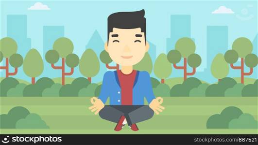 An asian young businessman meditating in yoga lotus position. Businessman relaxing in the park in the lotus position. Vector flat design illustration. Horizontal layout. Businessman meditating in lotus position.