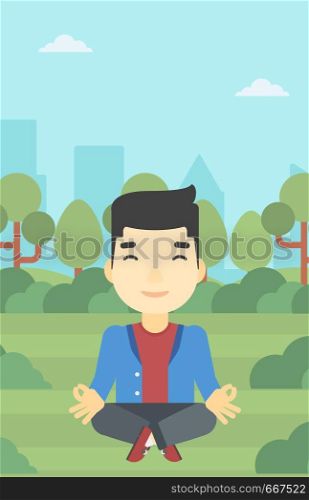 An asian young businessman meditating in yoga lotus position. Businessman relaxing in the park in the lotus position. Vector flat design illustration. Vertical layout.. Businessman meditating in lotus position.