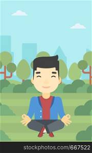 An asian young businessman meditating in yoga lotus position. Businessman relaxing in the park in the lotus position. Vector flat design illustration. Vertical layout.. Businessman meditating in lotus position.