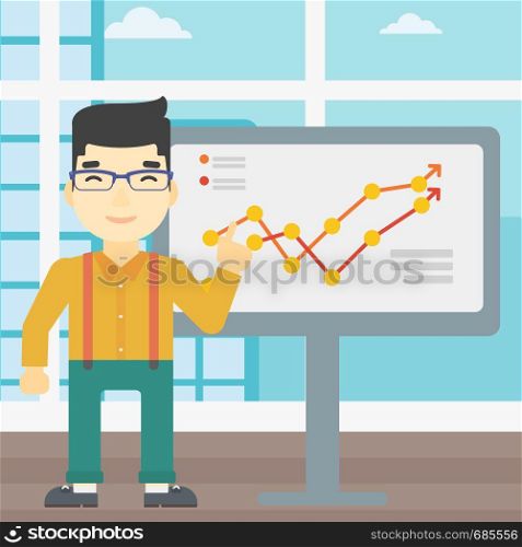 An asian young businessman pointing at charts on a board during business presentation. Happy businessman giving business presentation. Vector flat design illustration. Square layout.. Businessman making business presentation.