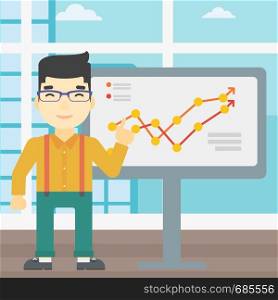 An asian young businessman pointing at charts on a board during business presentation. Happy businessman giving business presentation. Vector flat design illustration. Square layout.. Businessman making business presentation.
